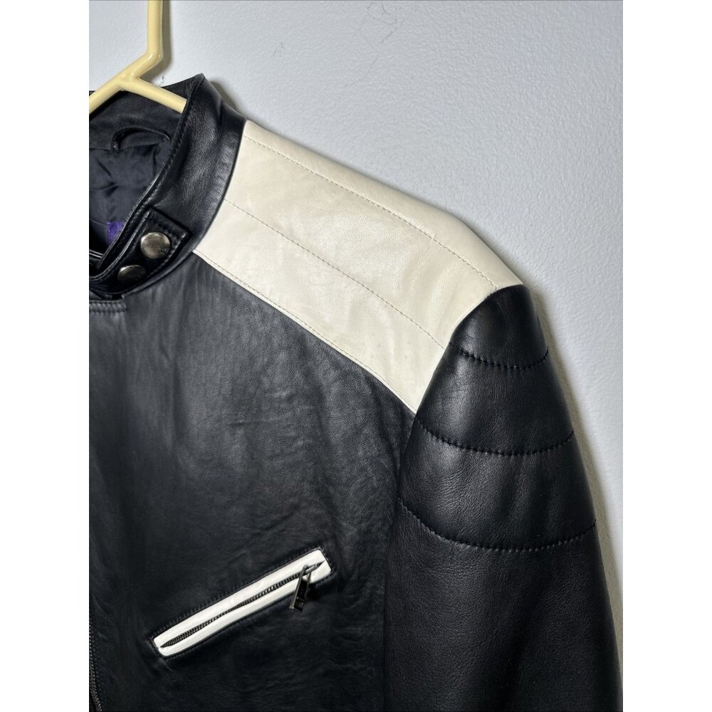 Ralph Lauren Purple Label Mens Leather Jacket Biker White‎ Black Zip Lambskin - Picture 4 of 16